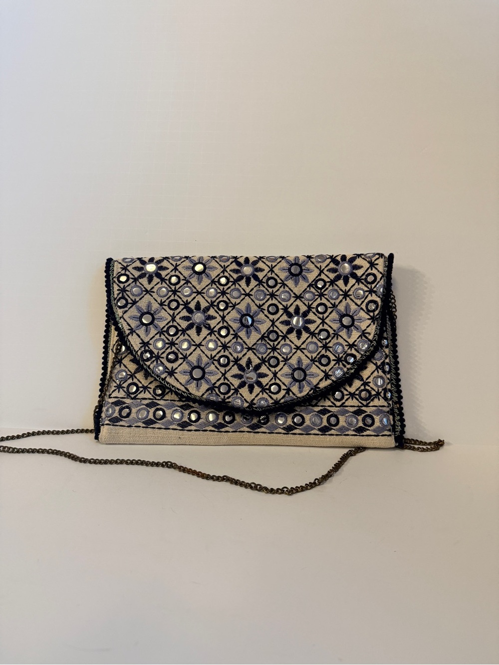 Boho Embroidered Mirror Work Crossbody Clutch Bag Chain Strap